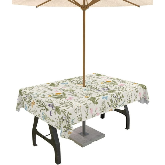 Outdoor Tablecloth Floral Butterfly Rectangle Patio Tablecloths 60x120, Waterproof Outside Table Cloths with Umbrella Hole and Zipper, Flowers Leaves Summer Table Cover for Outdoor Tables Garden