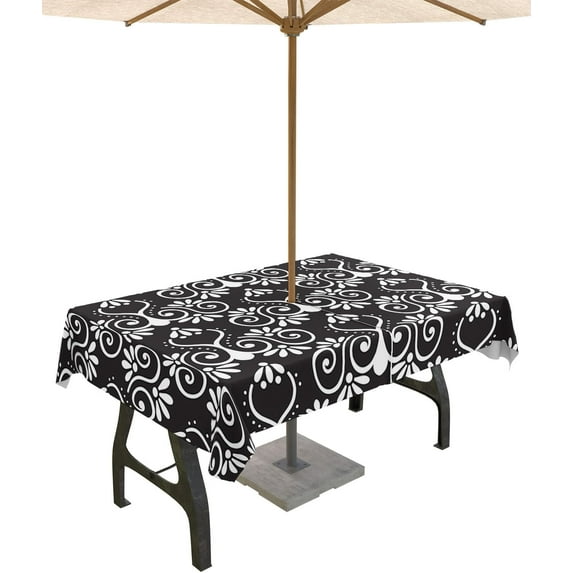 Outdoor Tablecloth Floral Pattern Rectangle Patio Tablecloths 60x120, Waterproof Outside Table Cloths with Umbrella Hole and Zipper, Black White Summer Table Cover for Outdoor Tables Garden