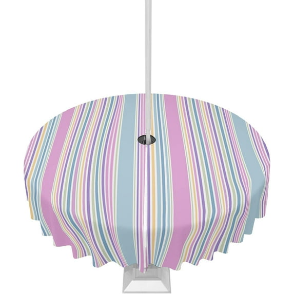 Outdoor Tablecloth Geometric Stripes Round Patio Tablecloths 60 Inch, Waterproof Outside Table Cloths with Umbrella Hole and Zipper, Pink Blue Summer Table Cover for Outdoor Tables Garden
