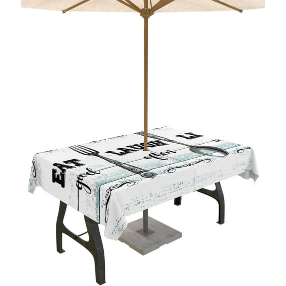 Outdoor Tablecloth Kitchen Fork Spoon Rectangle Patio Tablecloths 60x84, Waterproof Table Cloths with Umbrella Hole and Zipper, Eat Laugh Live Wooden Summer Table Cover for Outdoor Tables Garden