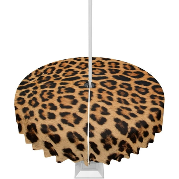 Outdoor Tablecloth Leopard Round Patio Tablecloths 60 Inch, Waterproof Table Cloths with Umbrella Hole and Zipper, Skin of a Wild Safari Animal Summer Table Cover for Outdoor Tables Garden