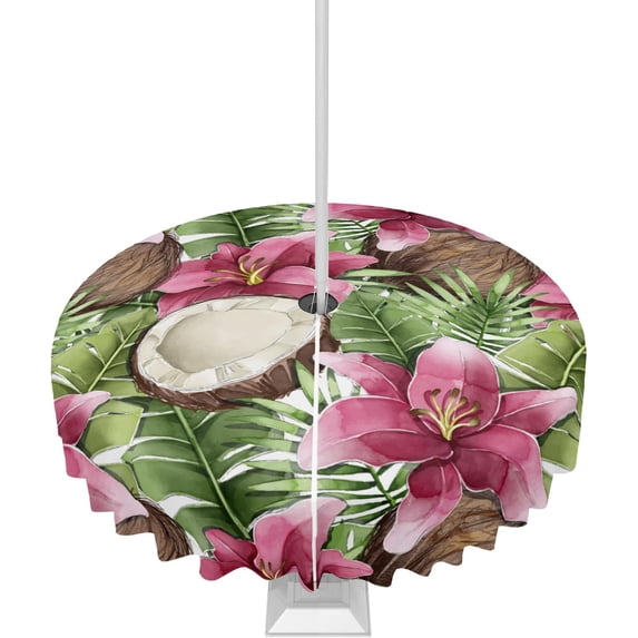 Outdoor Tablecloth Lily Flowers Round Patio Tablecloths 60 Inch, Waterproof Table Cloths with Umbrella Hole and Zipper, Coco Tropical Palm Leaf Summer Table Cover for Outdoor Tables Garden