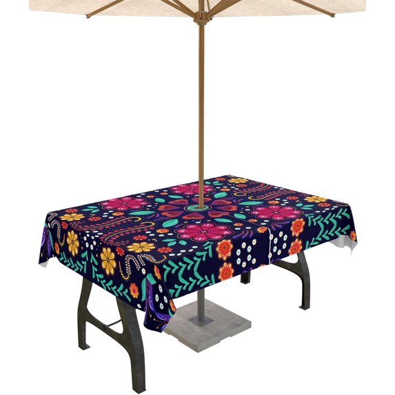 Outdoor Tablecloth Mexican Floral Rectangle Patio Tablecloths 60x84, Waterproof Table Cloths with Umbrella Hole and Zipper, Geometry Abstract Colorful Summer Table Cover for Outdoor Tables Garden