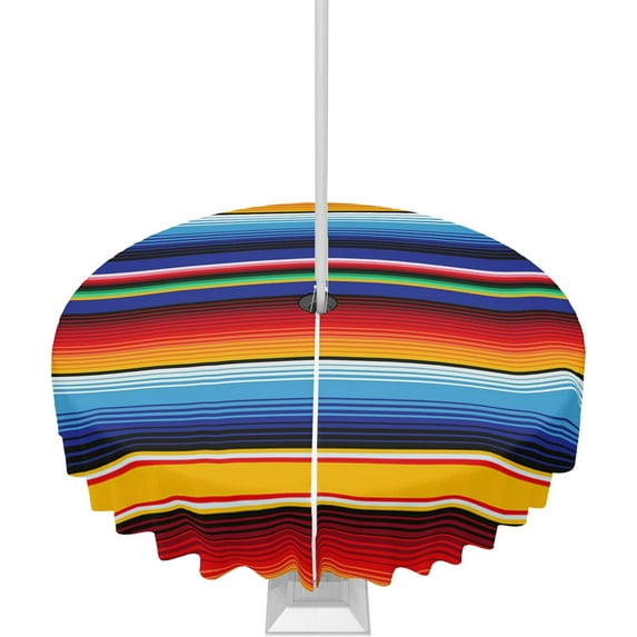 Outdoor Tablecloth Mexican Round Patio Tablecloths 60 Inch, Waterproof Table Cloths with Umbrella Hole and Zipper, Stripes Blue Assorted Multi Color Summer Table Cover for Outdoor Tables Garden
