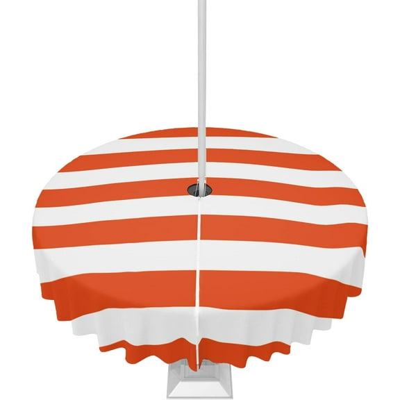 Outdoor Tablecloth Orange and White Stripes Round Patio Tablecloths 60 Inch, Waterproof Table Cloths with Umbrella Hole and Zipper, Striped Simple Summer Table Cover for Outdoor Tables Garden
