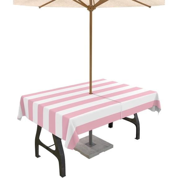 Outdoor Tablecloth Pink and White Stripes Rectangle Patio Tablecloths 60x84, Waterproof Table Cloths with Umbrella Hole and Zipper, Striped Simple Summer Table Cover for Outdoor Tables Garden