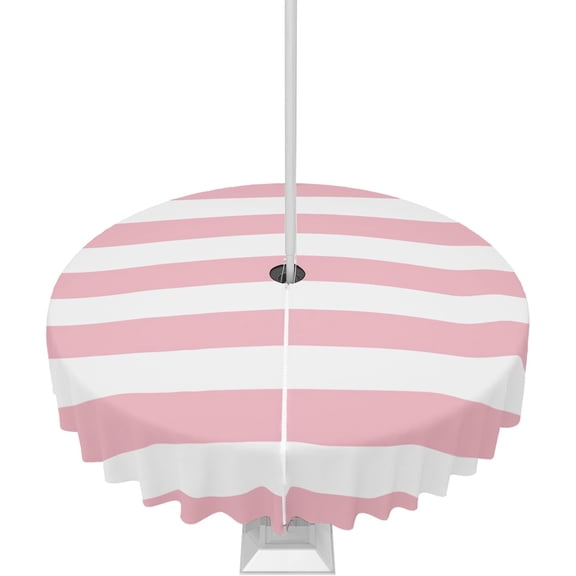 Outdoor Tablecloth Pink and White Stripes Round Patio Tablecloths 60 Inch, Waterproof Table Cloths with Umbrella Hole and Zipper, Striped Simple Summer Table Cover for Outdoor Tables Garden