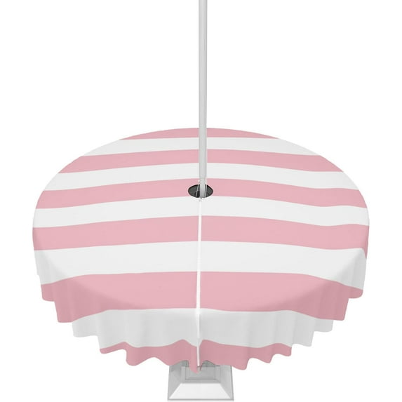 Outdoor Tablecloth Pink and White Stripes Round Patio Tablecloths 60 Inch, Waterproof Table Cloths with Umbrella Hole and Zipper, Striped Simple Summer Table Cover for Outdoor Tables Garden