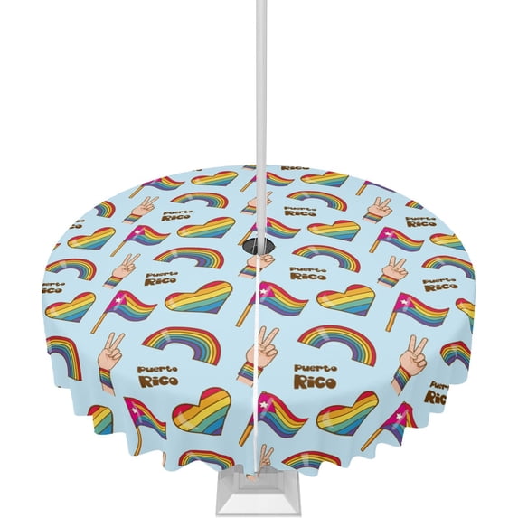 Outdoor Tablecloth Puerto Rico Flag Round Patio Tablecloths 60 Inch, Table Cloths with Umbrella Hole and Zipper, Rainbow Love Heart Victory Gesture Summer Table Cover for Outdoor Tables Garden