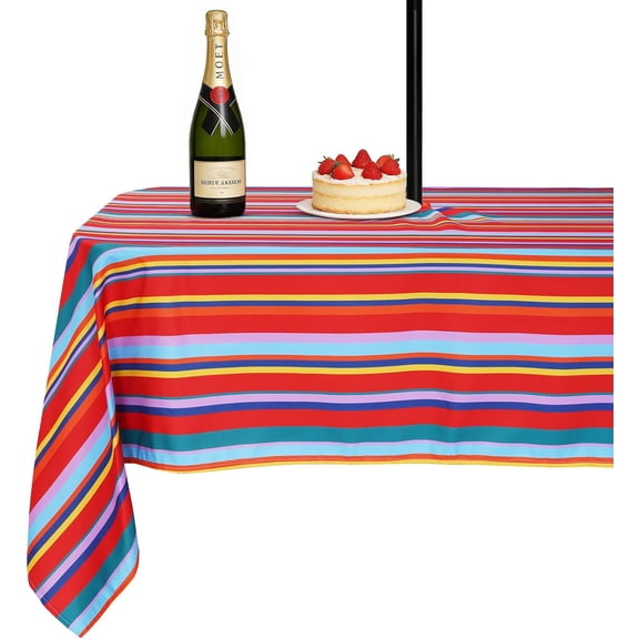 Outdoor Tablecloth Rectangle 60x104 inch Spillproof Stain Resistant Table Cloth Cover with Umbrella Hole and Zipper for Parties BBQs Host Backyard, Color Stripe