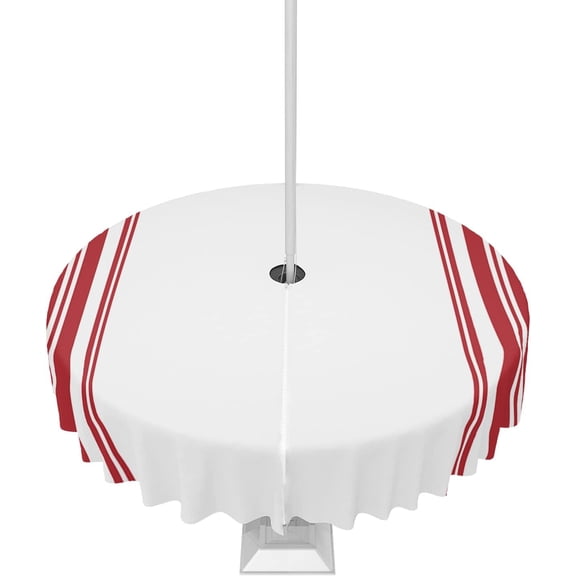 Outdoor Tablecloth Red Ticking Vertically Stripe Round Patio Tablecloths 60 Inch, Outside Table Cloths with Umbrella Hole and Zipper, Simple White Summer Table Cover for Outdoor Tables, Picnic,