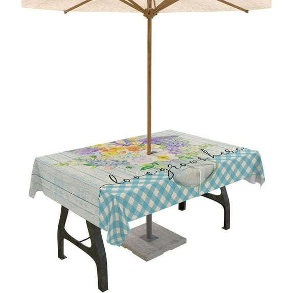 Outdoor Tablecloth Spring Flower Rectangle Patio Tablecloths 60x84, Waterproof Outside Table Cloths with Umbrella Hole and Zipper, Blue Plaid Wood Summer Table Cover for Outdoor Tables Garden