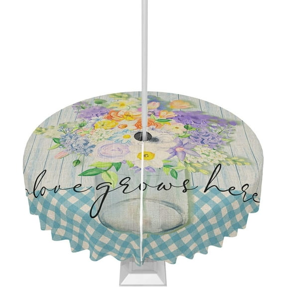 Outdoor Tablecloth Spring Flower Round Patio Tablecloths 60 Inch, Waterproof Outside Table Cloths with Umbrella Hole and Zipper, Blue Plaid Wood Summer Table Cover for Outdoor Tables Garden