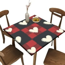 Outdoor Tablecloth Square Fitted, Black and Red Plaid with Hearts Pattern Printed on Washable Outdoor Square Table Cover, Great for Family Reunions Graduation Parties, Fit for 32" x 32" Square Tables