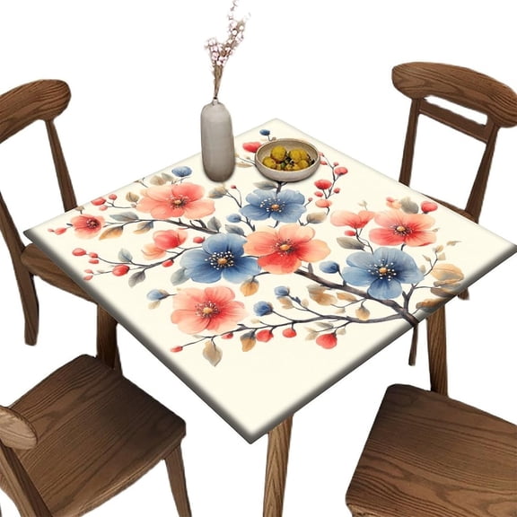 Outdoor Tablecloth Square Fitted, Blossoming Branches Pattern Printed on Oilproof Square Elastic Table Cover, Great for Thanksgiving Feast Holiday Meals, Fit for 32" x 32" Square Tables