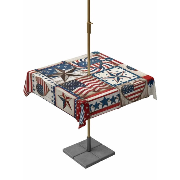 Outdoor Tablecloth with Umbrella Hole, 250th Anniversary Patriotic Patchwork Zippered Table Cloth for Rectangle Tables, Hearts Stars Flags Washable Waterproof Tablecloths for Picnic Patio Garden