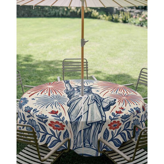 Outdoor Tablecloth with Umbrella Hole, 250th Anniversary Statue of Liberty Zippered Table Cloth for Square Tables, Red Blue Flowers Leaf Washable Waterproof Tablecloths for Picnic Patio Garden