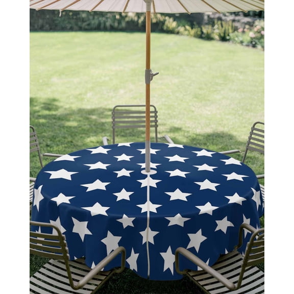Outdoor Tablecloth with Umbrella Hole, 4th of July White Star on Navy Blue Zippered Table Cloth for Square Tables, Independence Freedom Liberty Washable Waterproof Tablecloths for Picnic Patio Garden