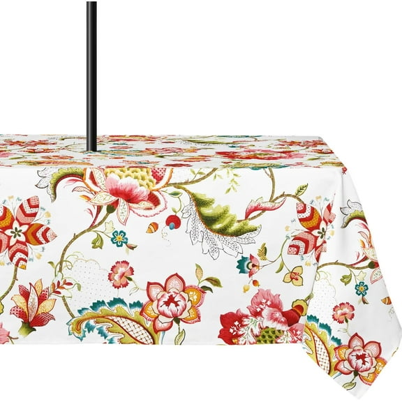 Outdoor Tablecloth with Umbrella Hole, 60x84 Inch, Boho Floral, Waterproof & Wrinkle-Resistant, Rectangular, Fits 36" x 60" to 48" x 72" Tables, Seats 6 to 8 People