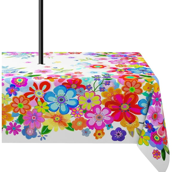 Outdoor Tablecloth with Umbrella Hole 60x84In,Boho Colorful Floral Outdoor Zipper Table Cloth,Waterproof and Wrinkle Resistant Washable Rectangular Tablecloths for Picnic,Party,Camping and BBQ