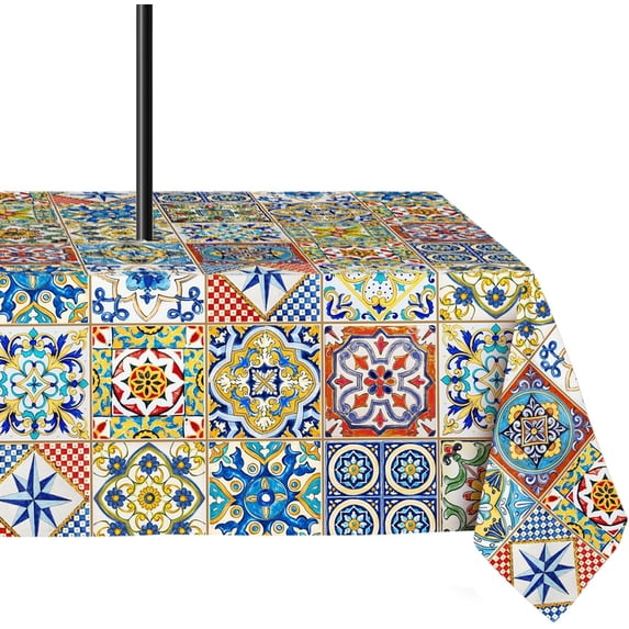 Outdoor Tablecloth with Umbrella Hole 60x84inch,Farmhouse Boho Outdoor Zipper Tablecloth, Waterproof Wrinkle Resistant Washable Rectangular Tablecloth for Picnics, Party, Camping and BBQ