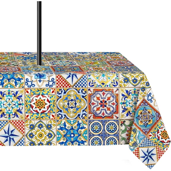 Outdoor Tablecloth with Umbrella Hole 60x84inch,Farmhouse Boho Outdoor Zipper Tablecloth, Waterproof Wrinkle Resistant Washable Rectangular Tablecloth for Picnics, Party, Camping and BBQ