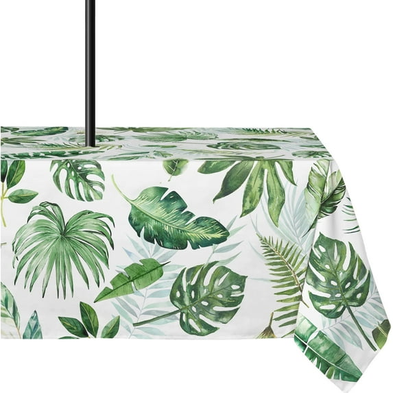 Outdoor Tablecloth with Umbrella Hole 60x84inch,Spring Summer Palm Leaf Outdoor zipper Tablecloth,Waterproof and Wrinkle-free Washable Rectangular Tablecloth for Picnics,Party,Camping and BBQ