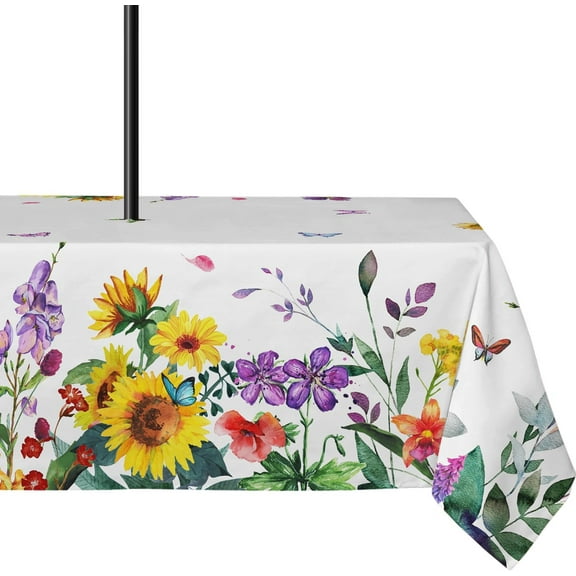 Outdoor Tablecloth with Umbrella Hole 60x84inch,Sunflower Outdoor Zipper Tablecloth, Waterproof Wrinkle Resistant Washable Rectangular Tablecloth for Picnics, Party, Camping and BBQ