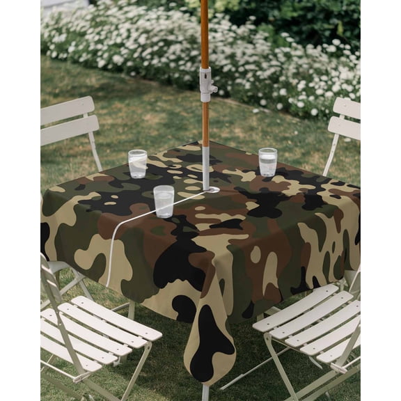 Outdoor Tablecloth with Umbrella Hole, Abstract Camouflages Texture Zippered Table Cloth for Rectangle Tables, Retro Camo Pattern Washable Waterproof Tablecloths for Picnic Patio Garden