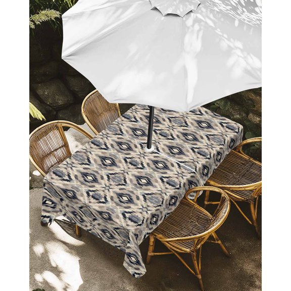 Outdoor Tablecloth with Umbrella Hole, Abstract Ethnic Graphic Line Art Zippered Table Cloth for Rectangle Tables, Tribal Geometric Rhombus Lattice Waterproof Tablecloths for Picnic Patio Garden