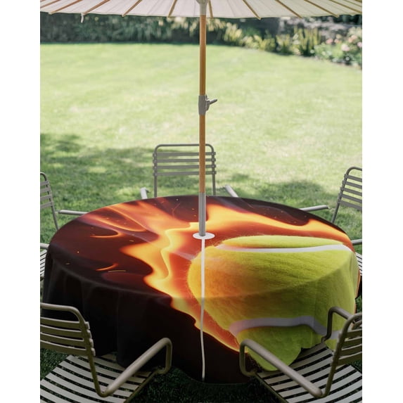Outdoor Tablecloth with Umbrella Hole, Abstract Flame Tennis Zippered Table Cloth for Square Tables, Modern Sport Art Washable Waterproof Tablecloths for Picnic Patio Garden