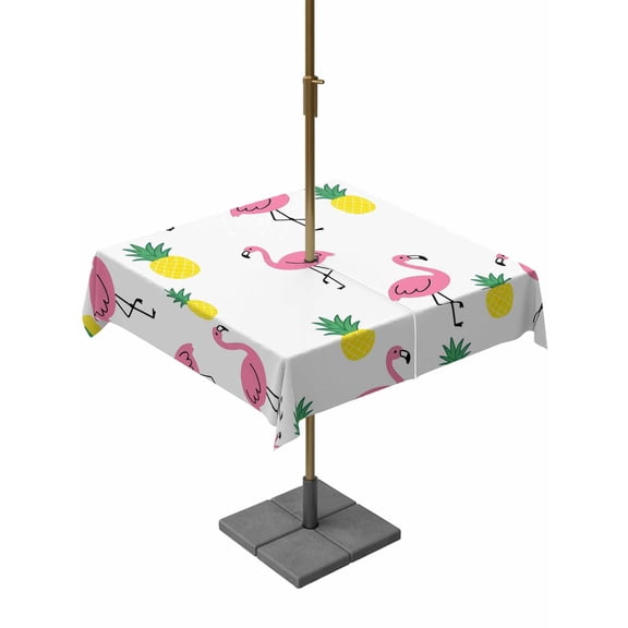 Outdoor Tablecloth with Umbrella Hole, Abstract Flamingo Sketch Pineapples Zippered Table Cloth for Rectangle Tables, Watercolor Animal Fruit Washable Waterproof Tablecloths for Picnic Patio Garden