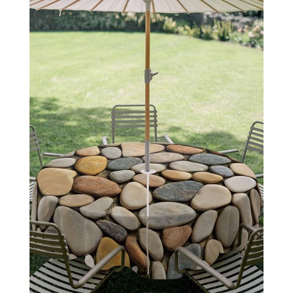 Outdoor Tablecloth with Umbrella Hole, Abstract Gray Yellow Cobblestone Zippered Table Cloth for Square Tables, Modern Grey Pebble Stone Washable Waterproof Tablecloths for Picnic Patio Garden