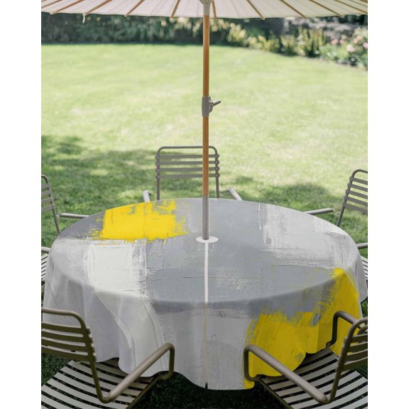 Outdoor Tablecloth with Umbrella Hole, Abstract Gray Yellow Zippered Table Cloth for Square Tables, Modern Minimalist Theme Washable Waterproof Tablecloths for Picnic Patio Garden