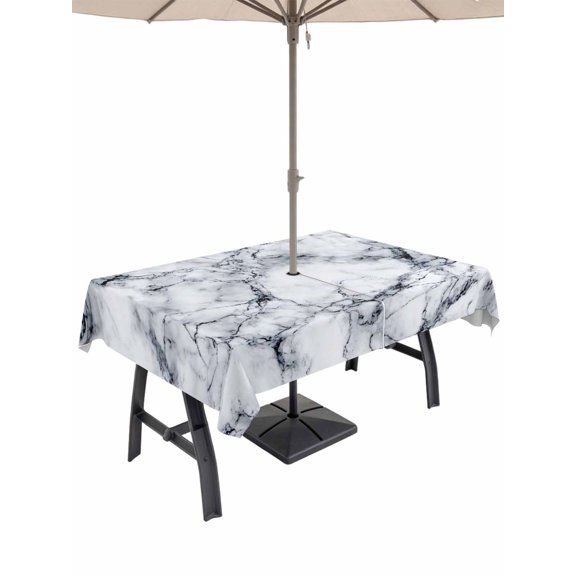 Outdoor Tablecloth with Umbrella Hole, Abstract Marble Stone Texture Zippered Table Cloth for Rectangle Tables, Natural Crack Gray Rock Washable Waterproof Tablecloths for Picnic Patio Garden