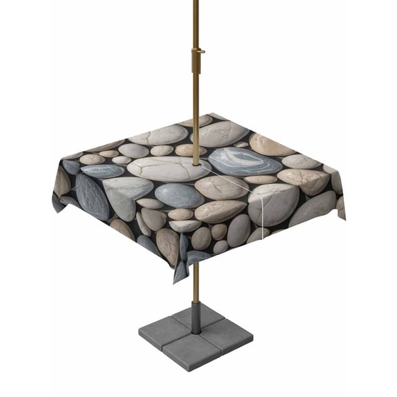 Outdoor Tablecloth with Umbrella Hole, Abstract Natural Grey Cobblestone Zippered Table Cloth for Rectangle Tables, Modern Grey Pebble Stone Washable Waterproof Tablecloths for Picnic Patio Garden