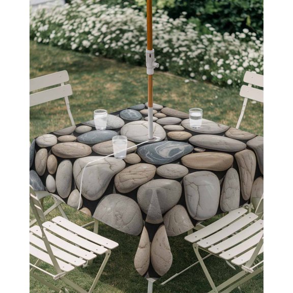 Outdoor Tablecloth with Umbrella Hole, Abstract Natural Grey Cobblestone Zippered Table Cloth for Rectangle Tables, Modern Grey Pebble Stone Washable Waterproof Tablecloths for Picnic Patio Garden