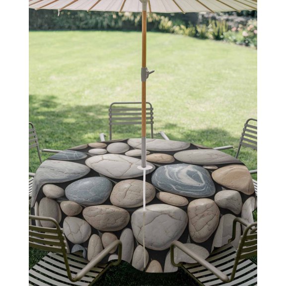 Outdoor Tablecloth with Umbrella Hole, Abstract Natural Grey Cobblestone Zippered Table Cloth for Square Tables, Modern Grey Pebble Stone Washable Waterproof Tablecloths for Picnic Patio Garden