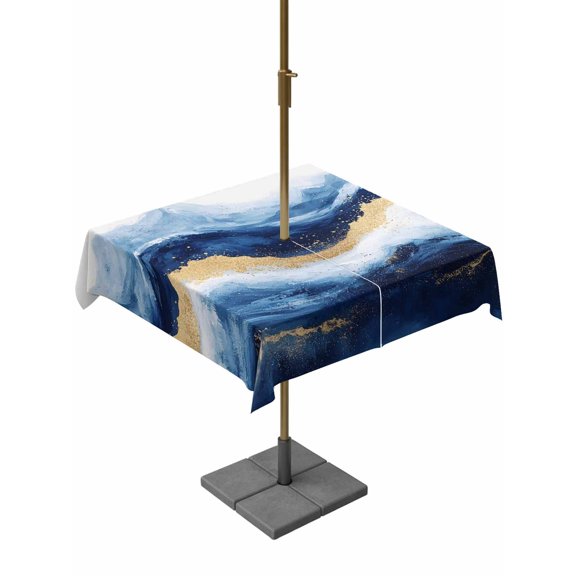 Outdoor Tablecloth with Umbrella Hole, Abstract Ocean Rough Sea Zippered Table Cloth for Rectangle Tables, Marine Big Wave Navy Blue Gold Washable Waterproof Tablecloths for Picnic Patio Garden