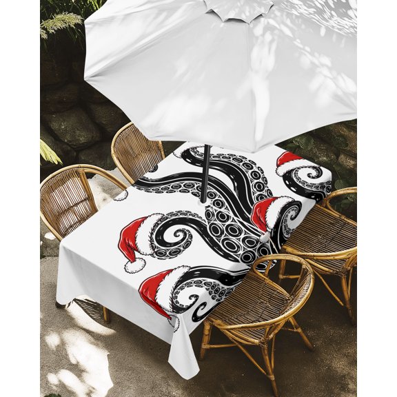 Outdoor Tablecloth with Umbrella Hole, Abstract Octopus Festive Whimsy Zippered Table Cloth for Rectangle Tables, Red Christmas Hat Washable Waterproof Tablecloths for Picnic Patio Garden