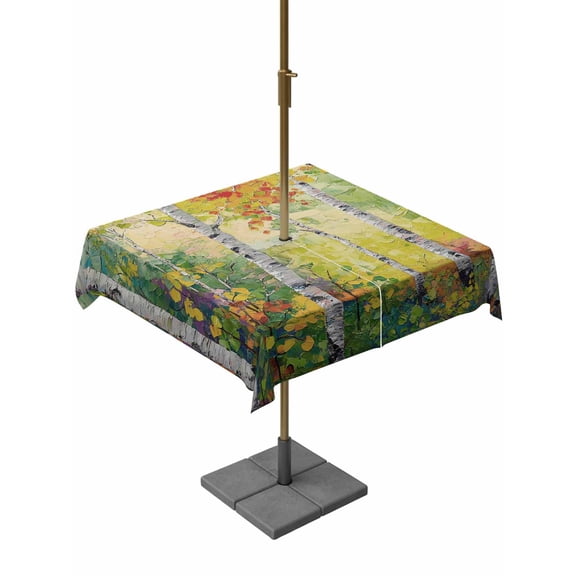 Outdoor Tablecloth with Umbrella Hole, Abstract Plant Birch Zippered Table Cloth for Rectangle Tables, Classic Country Tree Art Washable Waterproof Tablecloths for Picnic Patio Garden