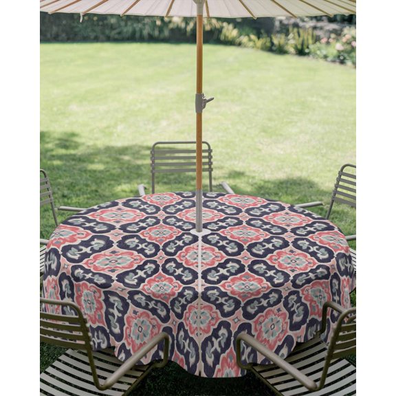 Outdoor Tablecloth with Umbrella Hole, Abstract Southwest Ethnic Floral Pattern Zippered Table Cloth for Square Tables, Retro Traditional Theme Washable Waterproof Tablecloths for Picnic Patio Garden