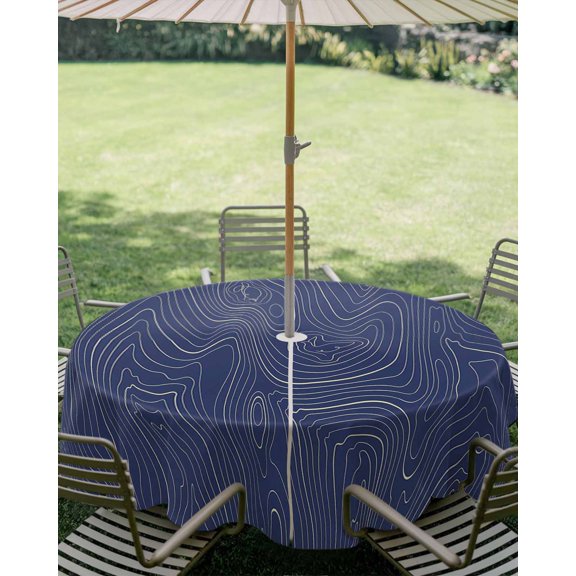 Outdoor Tablecloth with Umbrella Hole, Abstract Topographic Lines Grid Zippered Table Cloth for Square Tables, Geometric Art on Dark Blue Washable Waterproof Tablecloths for Picnic Patio Garden
