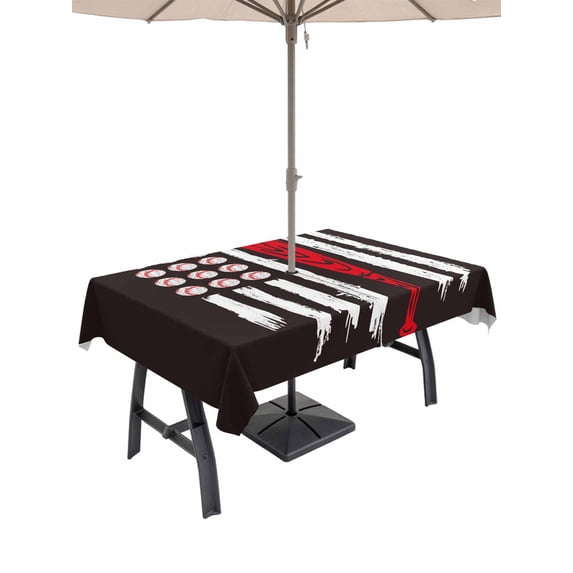 Outdoor Tablecloth with Umbrella Hole, American Flag Baseball Zippered Table Cloth for Rectangle Tables, Patriot Black and White Red Washable Waterproof Tablecloths for Picnic Patio Garden