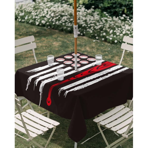 Outdoor Tablecloth with Umbrella Hole, American Flag Baseball Zippered Table Cloth for Rectangle Tables, Patriot Black and White Red Washable Waterproof Tablecloths for Picnic Patio Garden