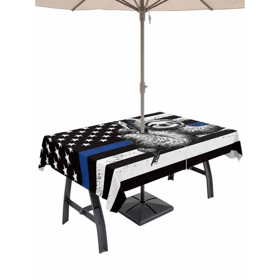 Outdoor Tablecloth with Umbrella Hole, American Flag Law Enforcement Thin Blue Line Zippered Table Cloth for Rectangle Tables, Animal Sloth Washable Waterproof Tablecloths for Picnic Patio Garden