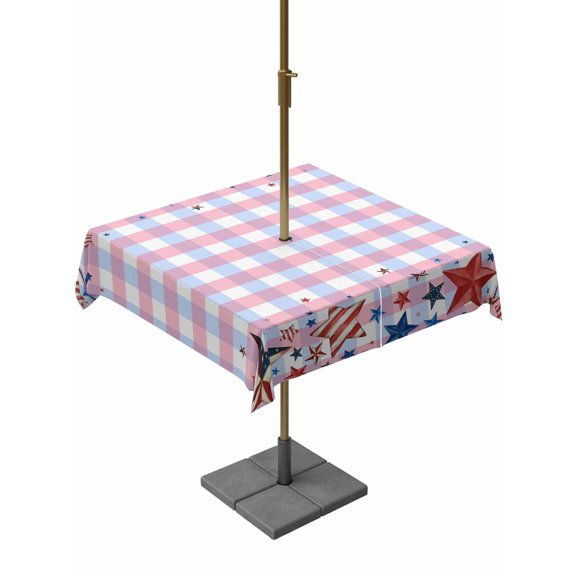 Outdoor Tablecloth with Umbrella Hole, American Flag Star Zippered Table Cloth for Rectangle Tables, Independence Day Pink Blue Checkered Washable Waterproof Tablecloths for Picnic Patio Garden