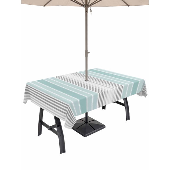 Outdoor Tablecloth with Umbrella Hole, Aqua Gray Stripes Spillproof Waterproof Outdoor Table Cover, Minimalist Gradient Lines Aesthetic Patio Tablecloths for Party Picnic Camping, Rectangle 60"x102"