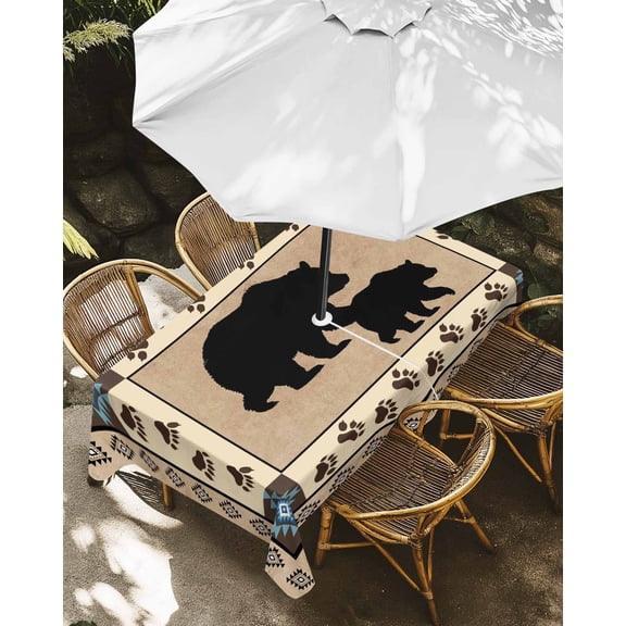 Outdoor Tablecloth with Umbrella Hole, Autumn Black Bear Footprints Zippered Table Cloth for Rectangle Tables, Geometric Boho Artwork Washable Waterproof Tablecloths for Picnic Patio Garden