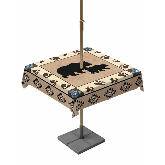 Outdoor Tablecloth with Umbrella Hole, Autumn Black Bear Footprints Zippered Table Cloth for Rectangle Tables, Geometric Boho Artwork Washable Waterproof Tablecloths for Picnic Patio Garden